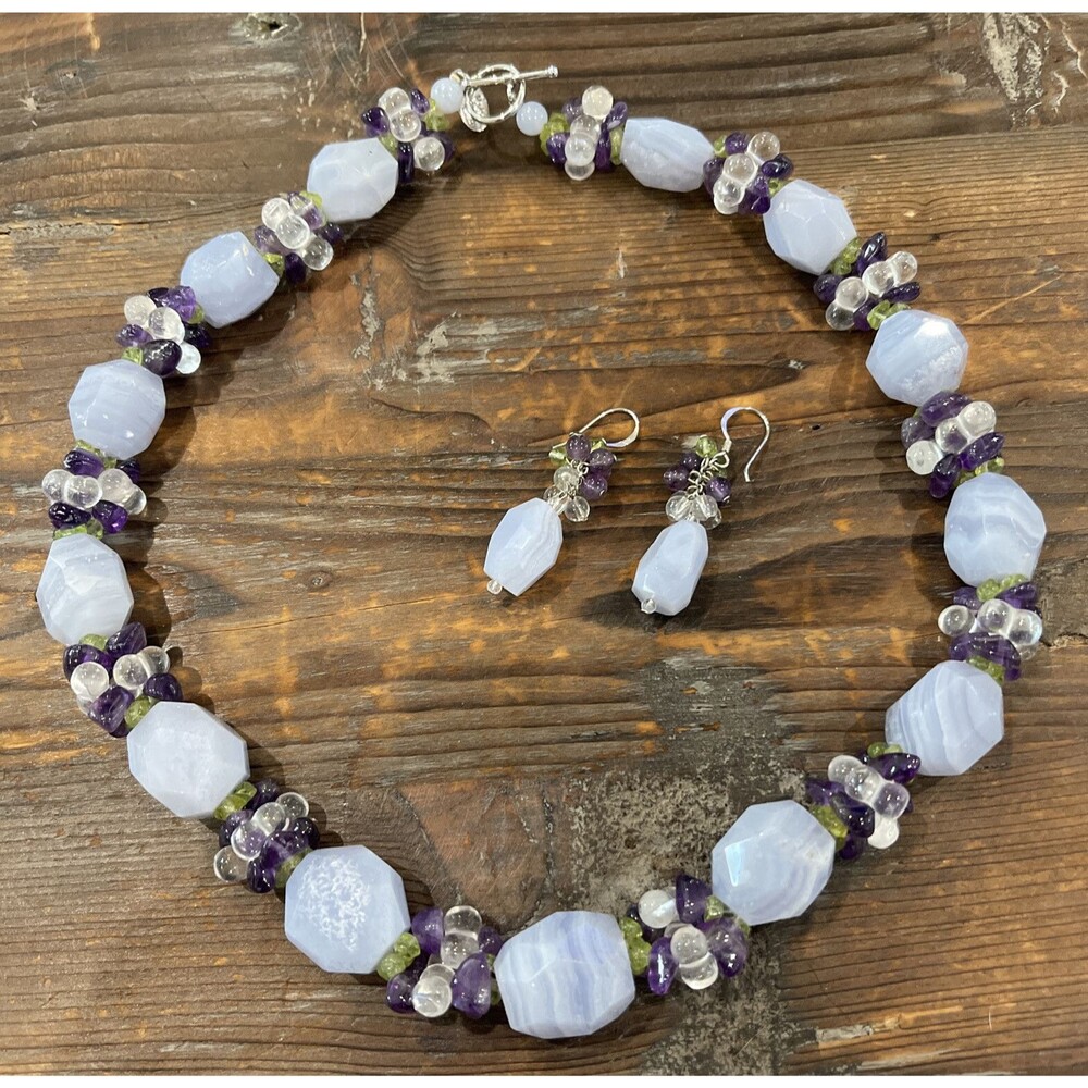 Ross Simons Blue Lace Agate Necklace Earrings 925 Sterling Amethyst Peridot